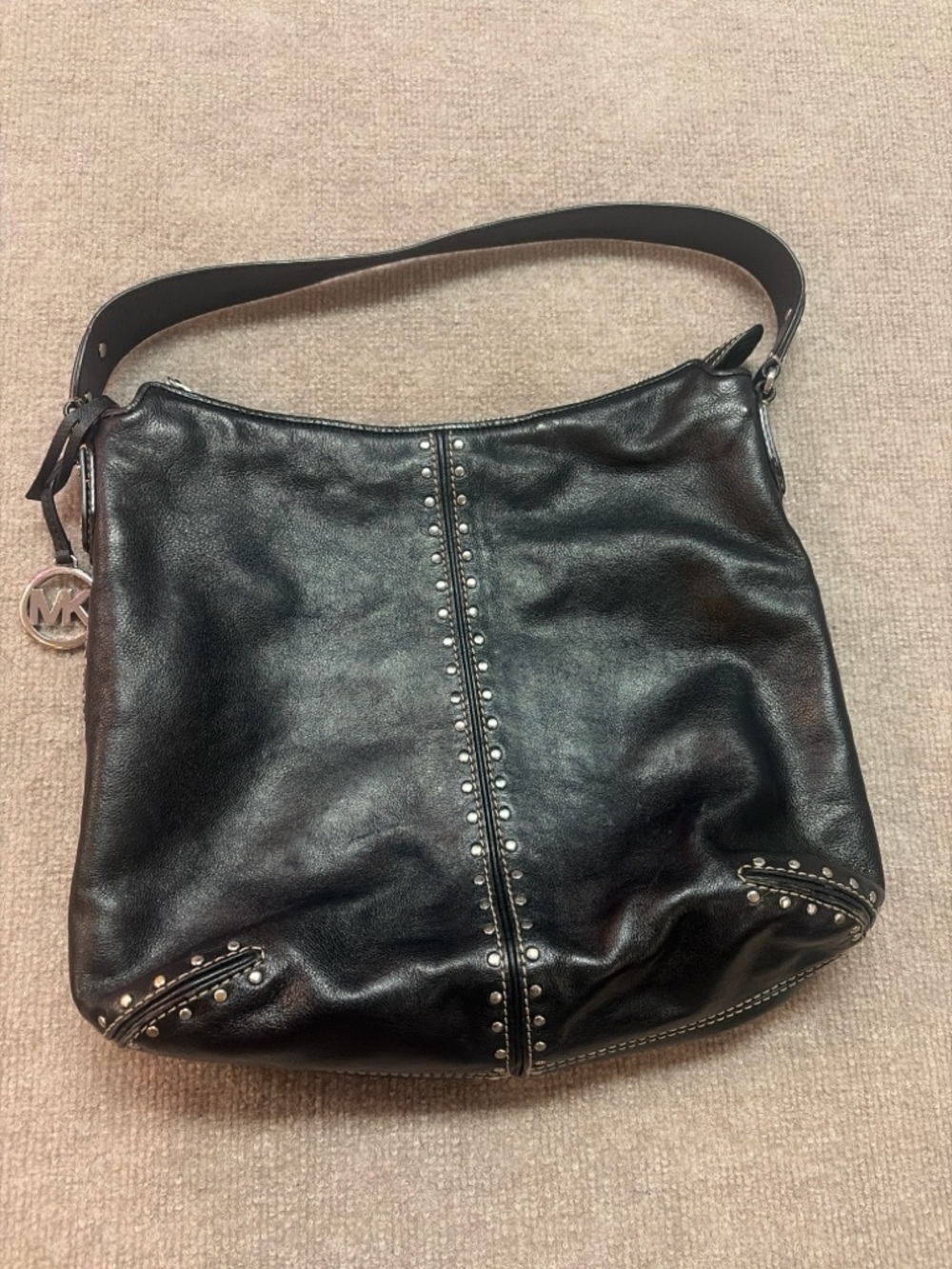 Michael Kors Black Leather Studded Hobo Shoulder Bag Slouchy MK Purse